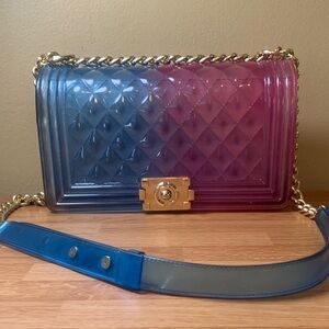 Blue & Pink Quilt Embossed Jelly Shoulder Bag Adjustable Strap Gold Hardware